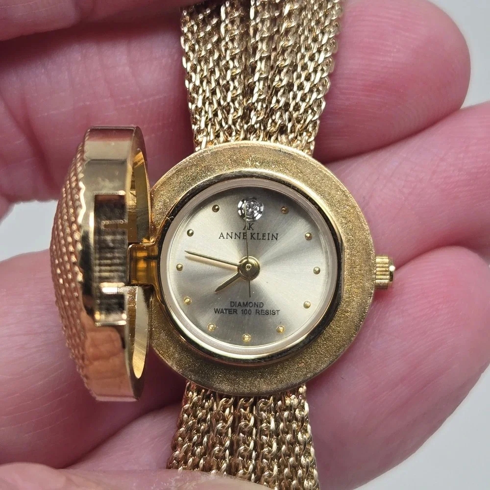 Anne Klein Diamond Secret Watch Gold Tone Mesh Bracelet Fliptop Braided Bracelet
